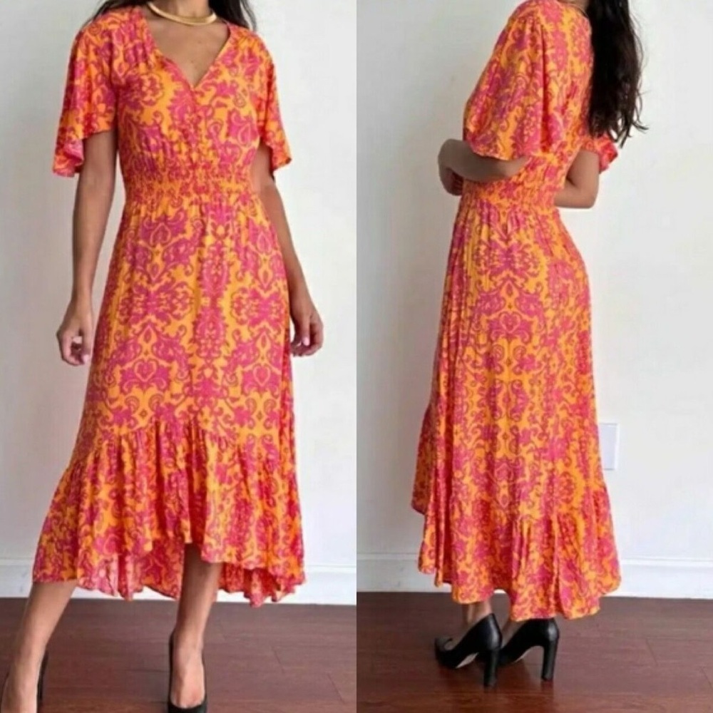Abel the Label Orange & Pink Printed Smocked High Low Maxi Dress